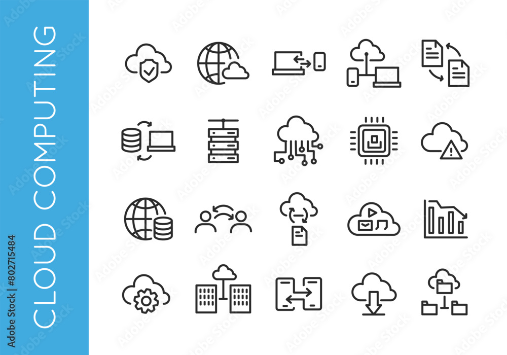 Cloud Computing icons. Large set of cloud computing trendy minimal icons. Examples: Global Network, Database Security, File Synchronization, Cloud Analytics, Virtual Server. Vector illustration. Cloud Computing icons. Large set of cloud computing trendy minimal icons. Examples: Global Network, Database Security, File Synchronization, Cloud Analytics, Virtual Server. Vector illustration.