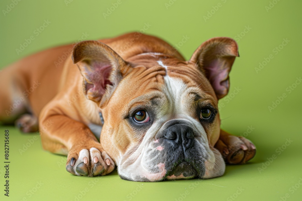 Adorable bulldog with a pensive look lying on a green background