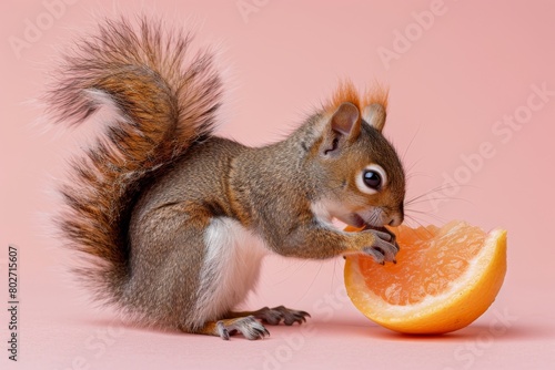 Playful squirrel enjoying a citrus treat on a pastel pink background