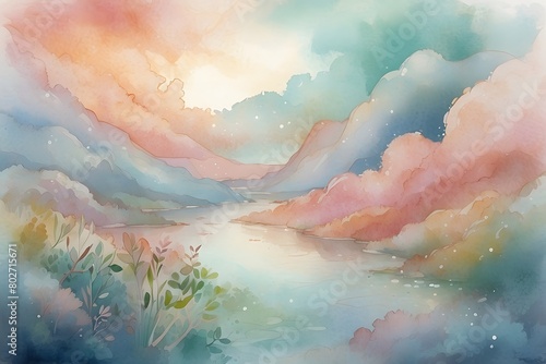 A dreamlike landscape comes to life with soft pastel strokes in a watercolor painting, transporting viewers to a serene and ethereal world. photo