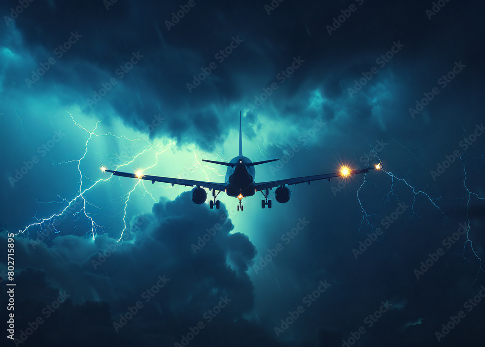 Naklejka premium Aircraft in stormy skies with lightning strikes