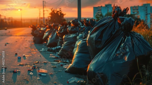 Black garbage bags lined up on urban roadside at sunrise photo