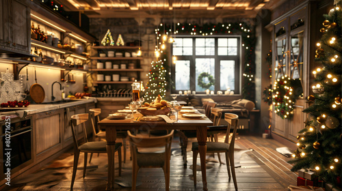 Interior of kitchen with Christmas trees shelves and d