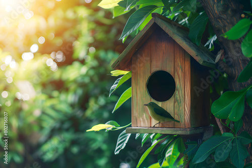 wooden birdhouse on a tree in a garden, close up, with a green leaves background © ramona