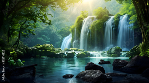 Nature wallpaper with waterfall Forest and River in Lush Green sunlight background 