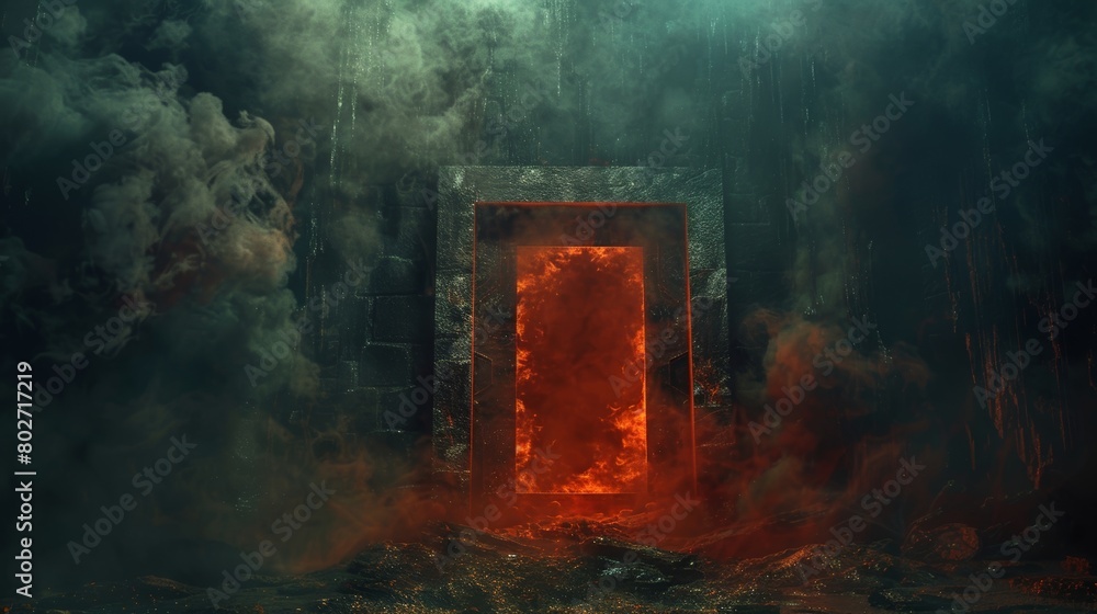 Hellish door engulfed in smoke and fire, framed by darkness, portraying a menacing entrance to a nightmarish world Hellish door engulfed in smoke and fire, framed by darkness, portraying a menacing entrance to a nightmarish world