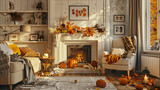 Interior of living room with autumn decor and fireplac