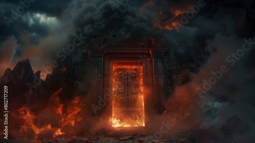 Hellish door engulfed in smoke and fire, framed by darkness, portraying a menacing entrance to a nightmarish world