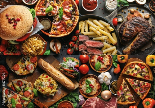 Design template for food collage featuring burger, pizza, pasta, steak. Ideal for restaurant menu or grocery shop flyer