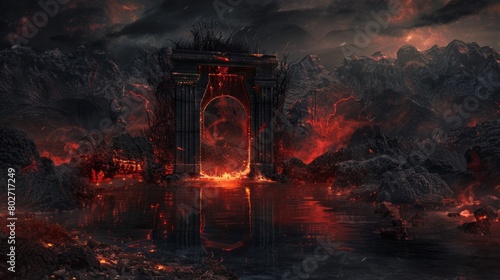 Hellish door opening onto a landscape where evil reigns, a reflective lake capturing the devil's grimace, surrounded by darkness and flickering flames
