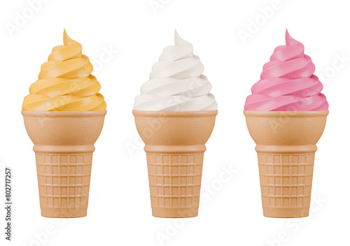 soft serve ice cream of different flavours on waffle cone on transparent background cutout, PNG file.  photo