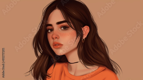 digital art portrait of a young woman with freckles wearing orange