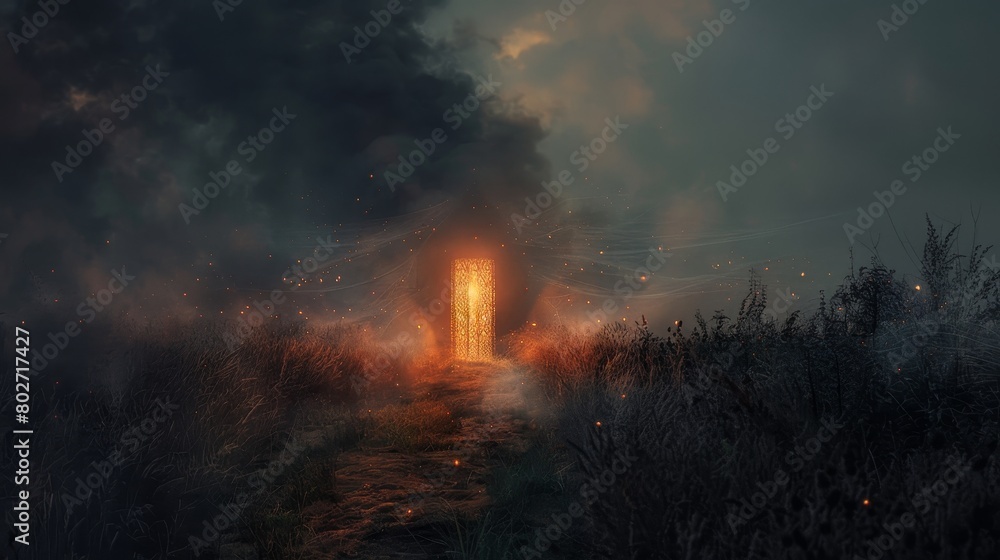 Hell's gate open in a night field, light escaping through, surrounded by the dark embrace of smoke, mist, and eerie cobwebs, with subtle fire accents