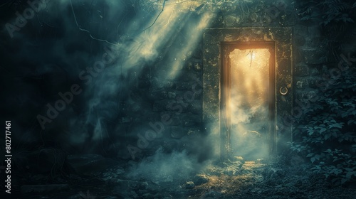 Light beams through an open door in a dungeon, revealing a hellish scene with smoke, a ring gate, and dark misty surroundings, eerie forest hut backdrop