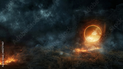 Light from an open dungeon door illuminating a ring gate, surrounded by hellish fire, smoke, and cobwebs in a dark, misty field at night © Paul