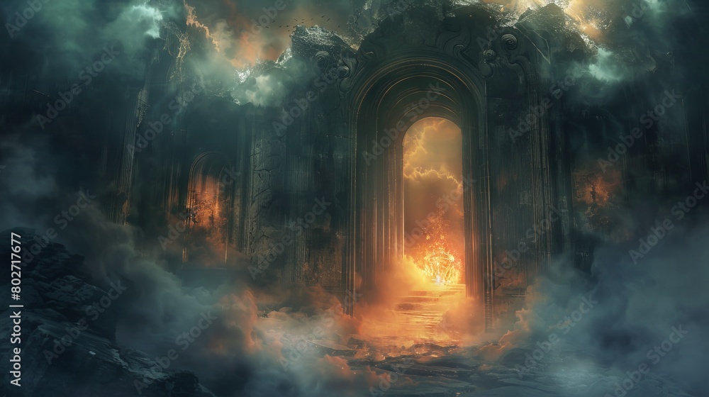 Mysterious gates of heaven and hell, one covered in cobwebs and shrouded in smoke, the other glowing softly amidst darkness Mysterious gates of heaven and hell, one covered in cobwebs and shrouded in smoke, the other glowing softly amidst darkness