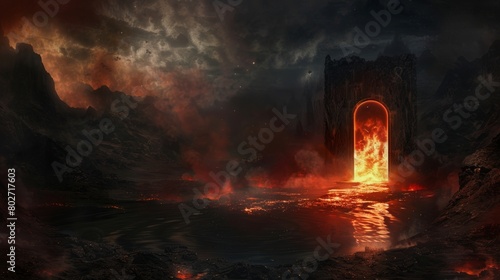 Menacing doorway to hell in a dark landscape, devilish figures by a burning reflective lake, engulfed in an atmosphere of evil and darkness photo