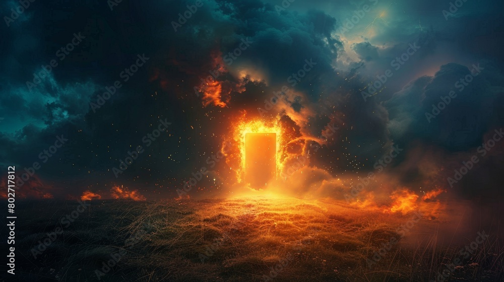 Mystical gateway between heaven and hell, light shining from an open door set in a night field, surrounded by smoke and shrouded in mist Mystical gateway between heaven and hell, light shining from an open door set in a night field, surrounded by smoke and shrouded in mist