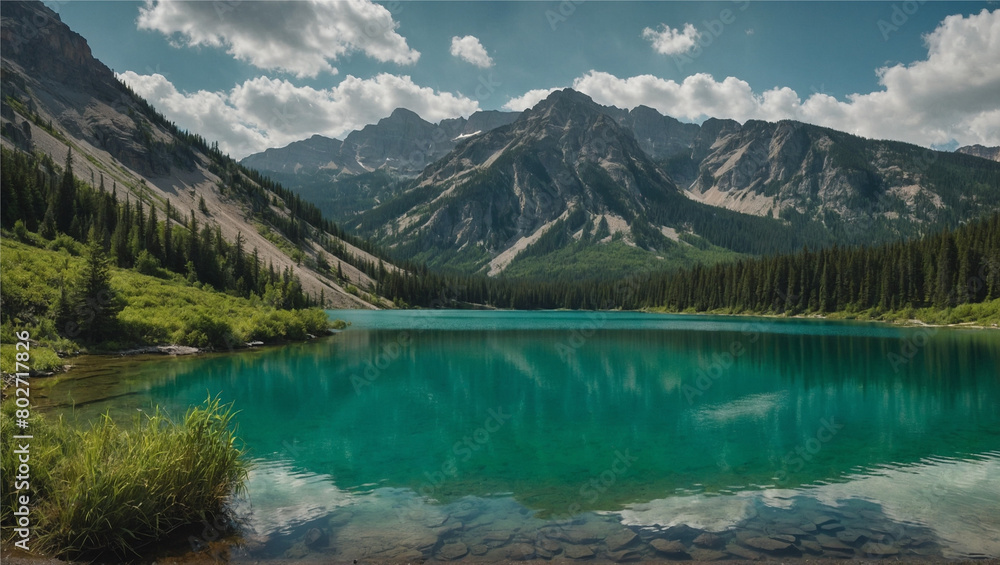 A serene emerald lake, surrounded by rolling hills and majestic mountains, a peaceful oasis, Generative AI