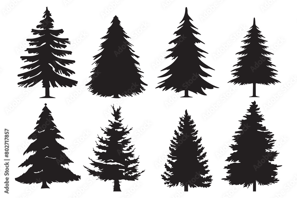 Obraz premium Christmas tree silhouette set hand drawn illustration on white background