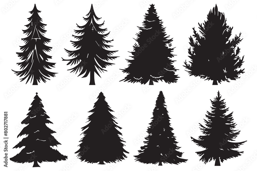 Obraz premium Christmas tree silhouette set hand drawn illustration on white background
