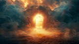 Mystical gateway between heaven and hell, light shining from an open door set in a night field, surrounded by smoke and shrouded in mist