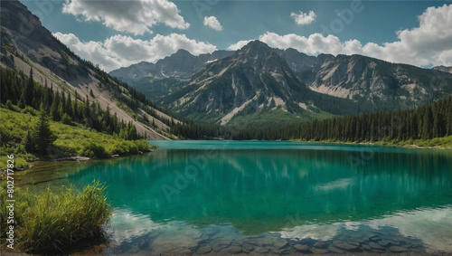 A serene emerald lake  surrounded by rolling hills and majestic mountains  a peaceful oasis  Generative AI