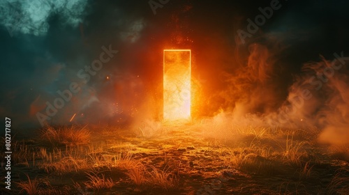 Mystical gateway between heaven and hell, light shining from an open door set in a night field, surrounded by smoke and shrouded in mist photo