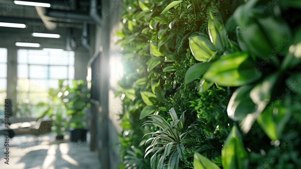 Green living wall with perennial plants in modern office. Urban gardening landscaping interior design. Fresh green vertical plant wall inside office. copy space for text.