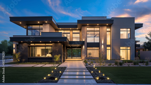 A contemporary luxury house exterior with illuminated interiors, landscaping, and a dramatic dusky sky photo