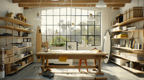 Interior of modern atelier with tailors workplace shel photo