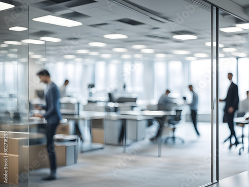 Modern office decoration, office staff moving rapidly behind glass walls, blurry feeling, abstract background of technology and business concepts