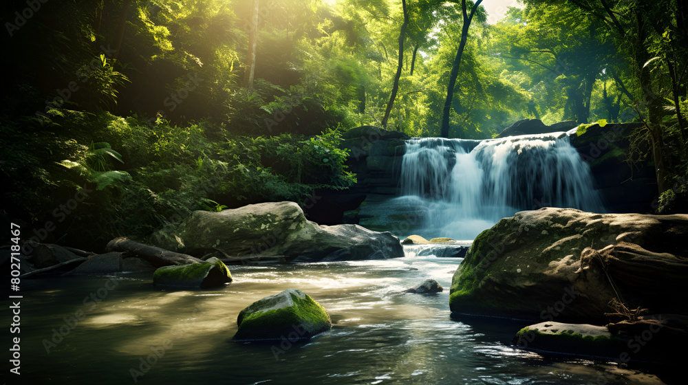 Beautiful waterfall in green jungle Nature Wilderness on a sunlight background
