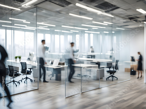 Modern office decoration, office staff moving rapidly behind glass walls, blurry feeling, abstract background of technology and business concepts