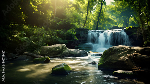 Beautiful waterfall in green jungle Nature Wilderness on a sunlight background 