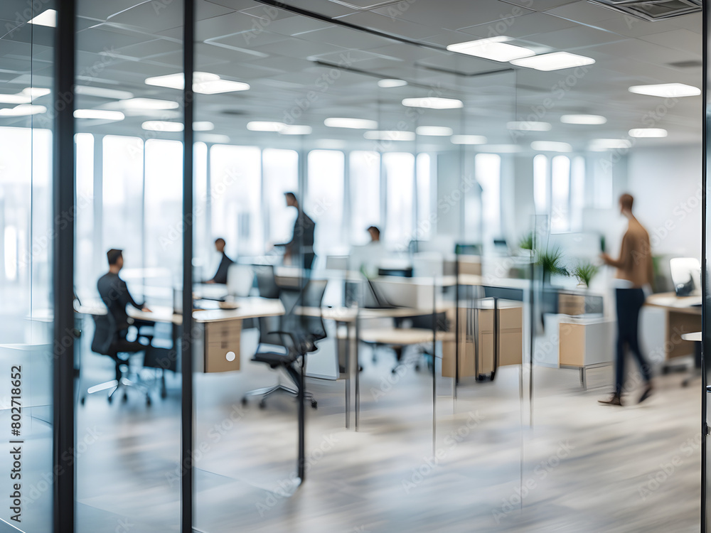 Modern office decoration, office staff moving rapidly behind glass walls, blurry feeling, abstract background of technology and business concepts