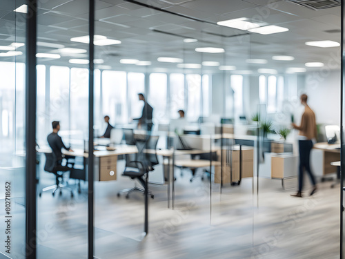 Modern office decoration  office staff moving rapidly behind glass walls  blurry feeling  abstract background of technology and business concepts