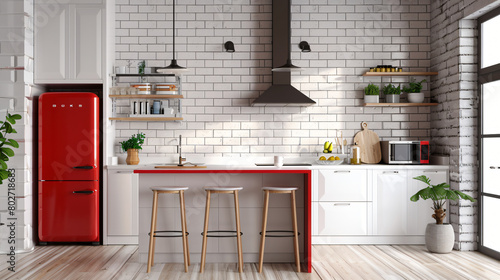 Interior of modern kitchen with counters and red fridg