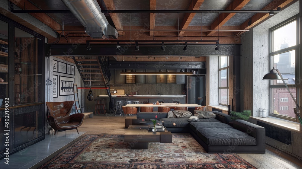 Sleek industrial living room ideal for a young professional, with an open-plan layout, metal beams, and wooden accents creating an urban oasis