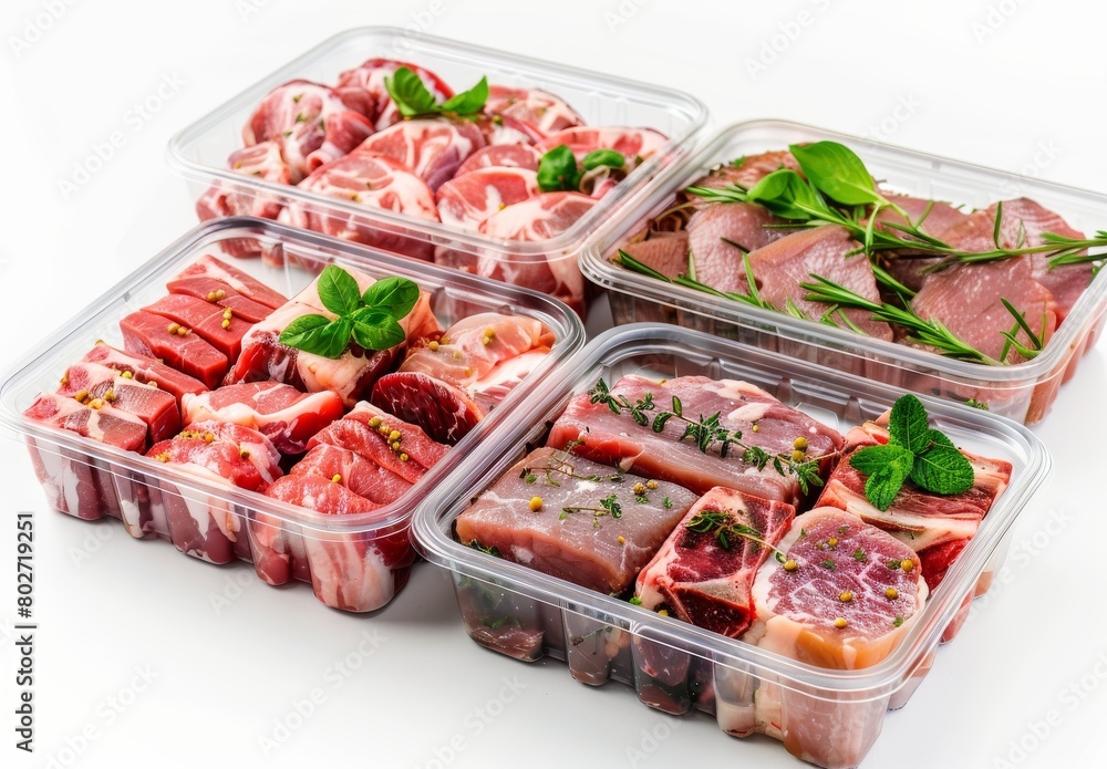 Various meats in plastic trays; packaging for freshness.