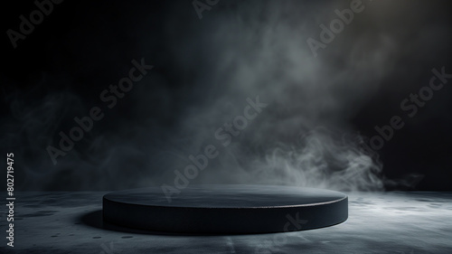 Empty podium with smoky black studio background. Smoked product platform 