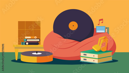 A stack of vinyl records sits next to a cozy bean bag chair inviting the listener to relax and enjoy the smooth sounds. Vector illustration