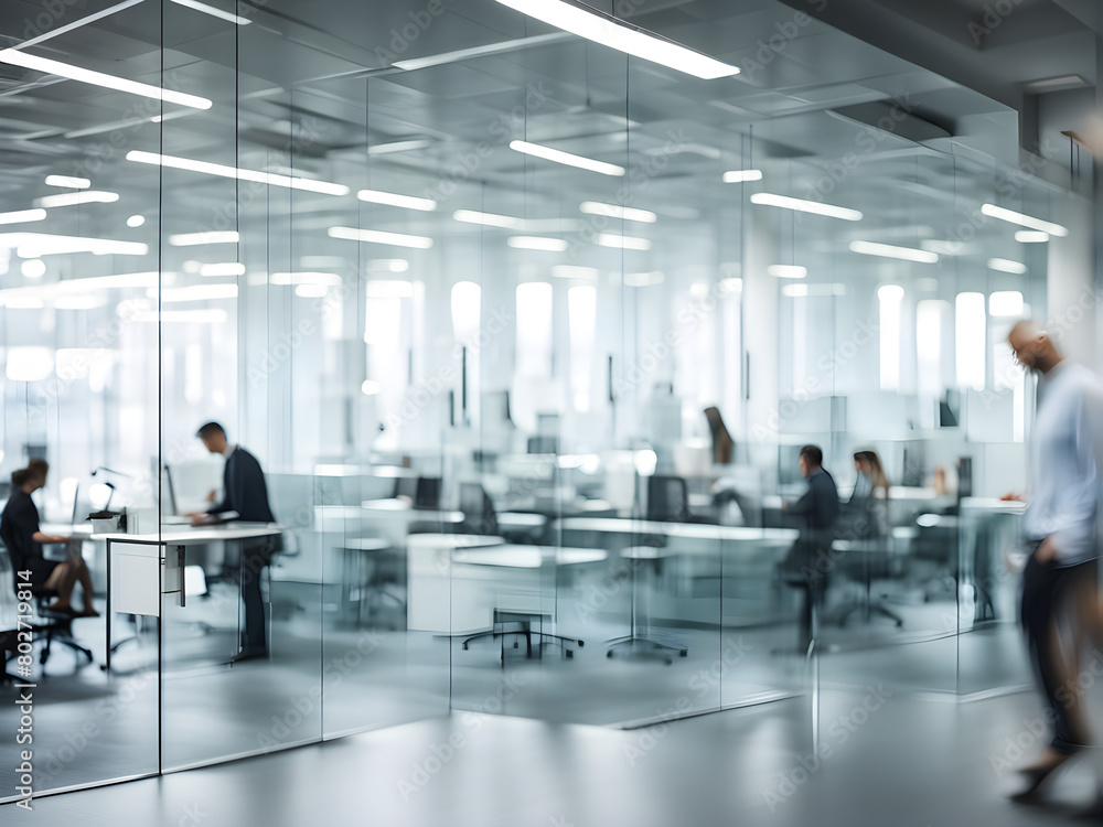 Modern office decoration, office staff moving rapidly behind glass walls, blurry feeling, abstract background of technology and business concepts
