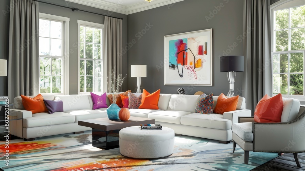 Fototapeta premium Vibrant and modern living room for a young professional, designed in gray with contemporary touches and pops of color in decor and furnishings