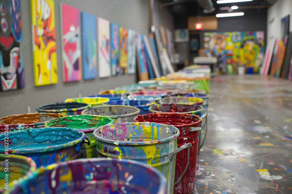 Rows of buckets of paint lined up in a beautiful art gallery Rows of buckets of paint lined up in a beautiful art gallery