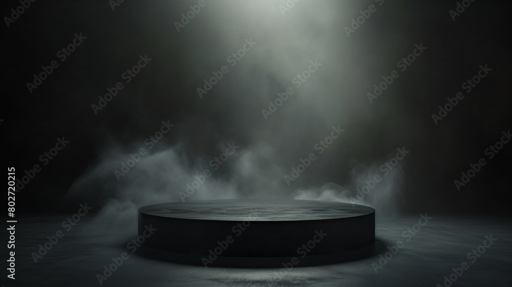 Empty podium with smoky black studio background. Smoked product platform
