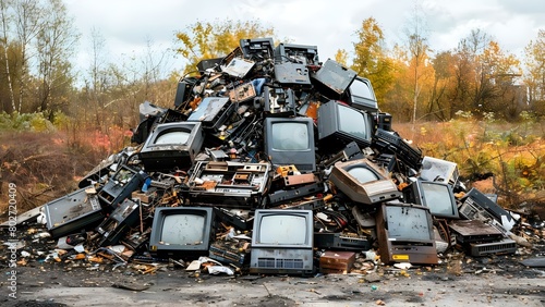 Pile of electronic waste in the background. Concept E-Waste, Environment, Recycling photo
