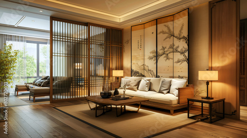 Interior of stylish living room with folding screen