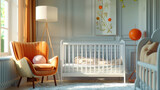 Interior of stylish nursery with baby crib lamp 
