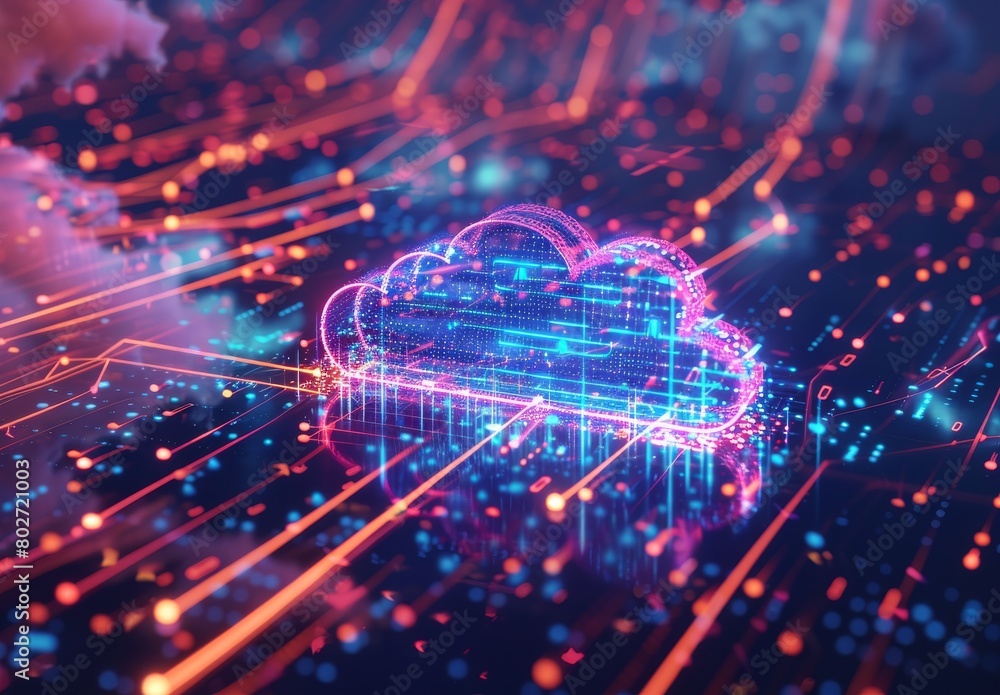 Fototapeta premium Cloud connection, data transfer, business communication on social network, server, storage, internet security: essential elements of cloud computing concept